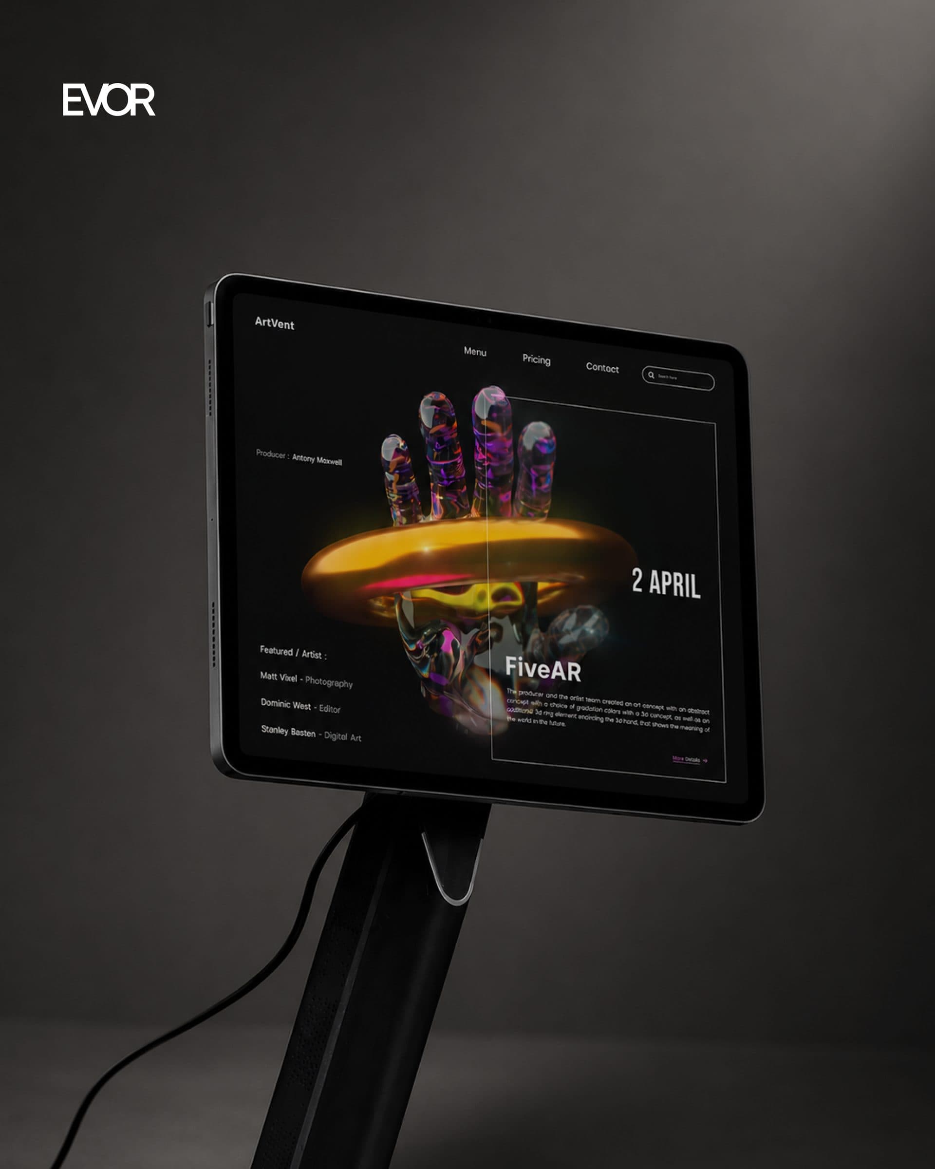 ArtVent cover: the exhibition site on a tablet mounted on a stand, in a dark room.