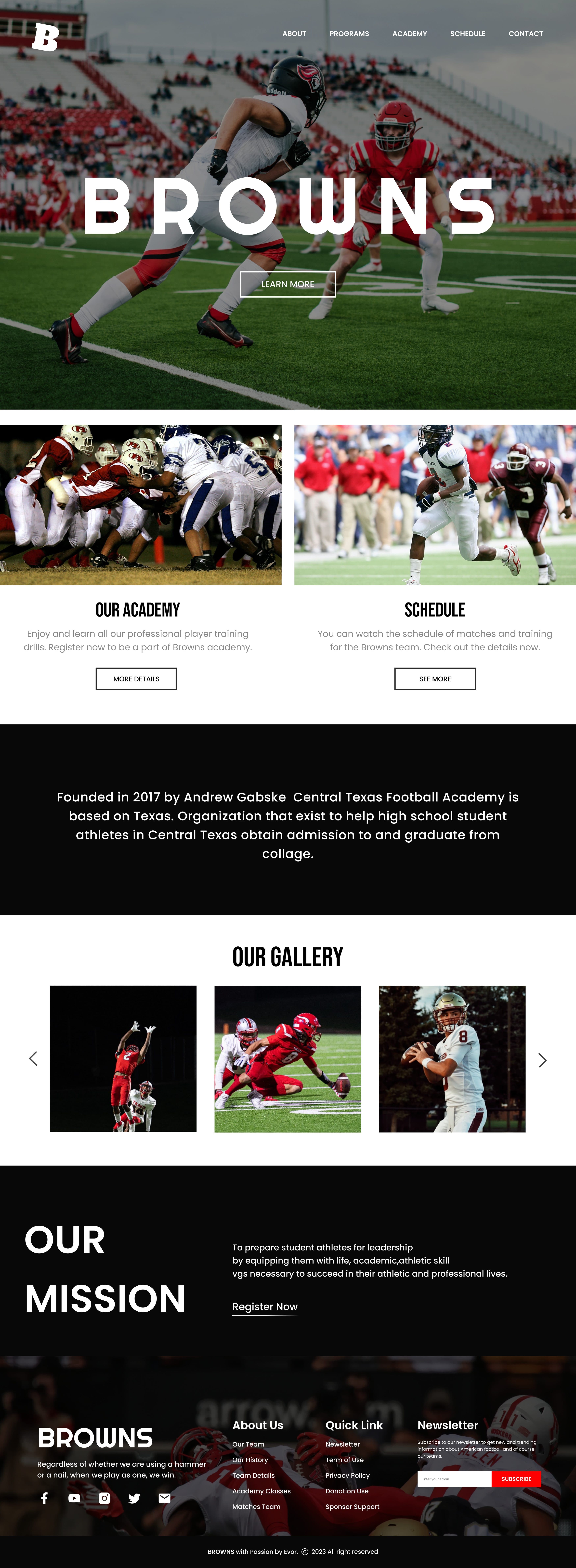 The complete Browns academy page, from the full-bleed match photograph through the academy and schedule tiles, the founding statement, the gallery, the mission and the footer.