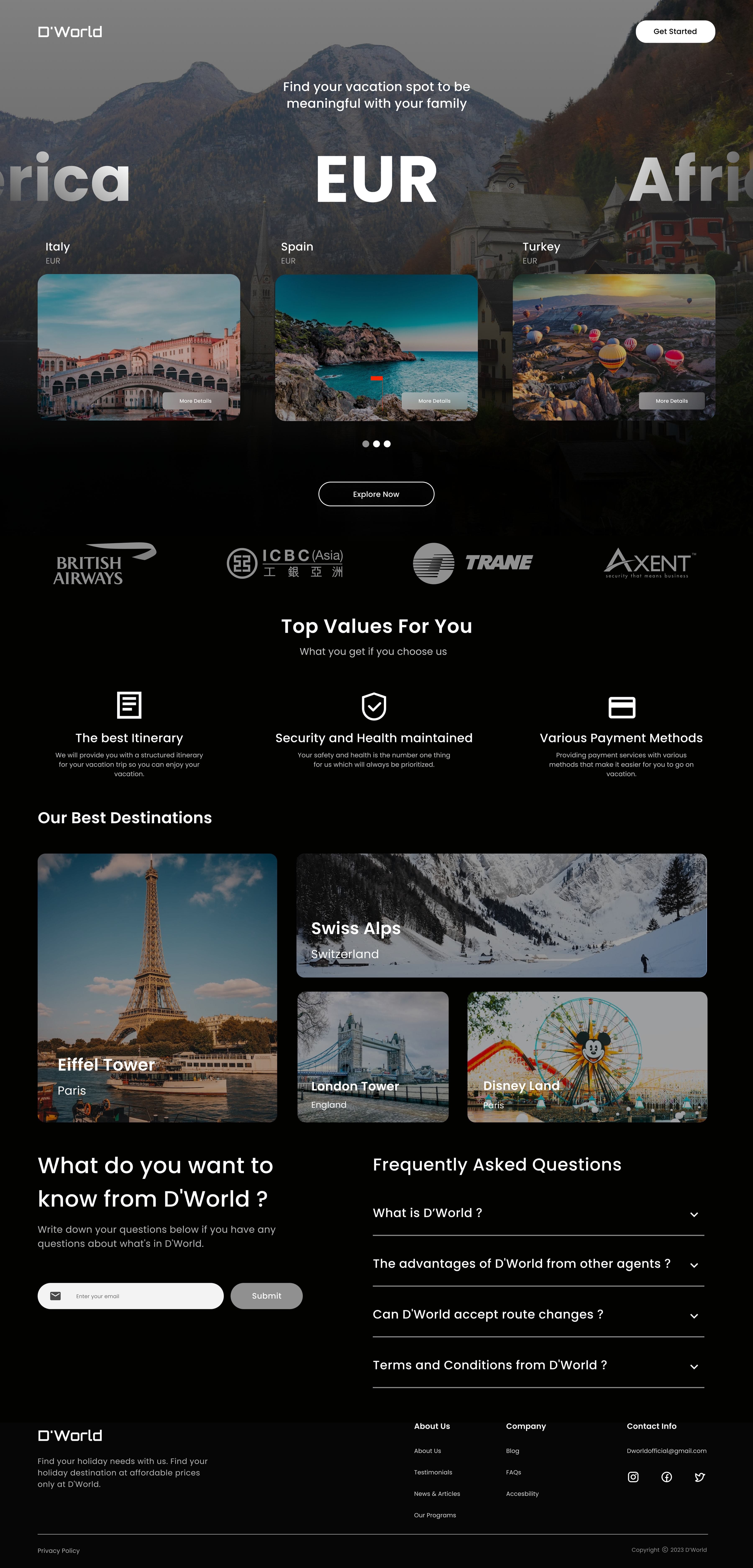 The complete D'World home page, from the region carousel down through the partner airlines, values, best destinations, enquiry form, FAQ and footer.