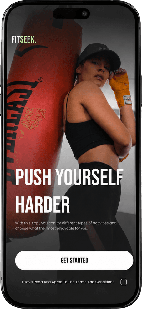 Fitseek onboarding screen with a get started call to action.