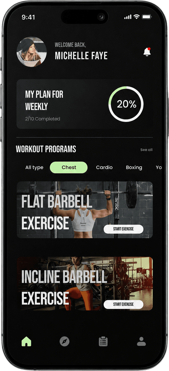 Fitseek home screen with weekly plan progress and workout programs.