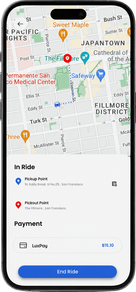 LuxDrive route and ride detail screen.