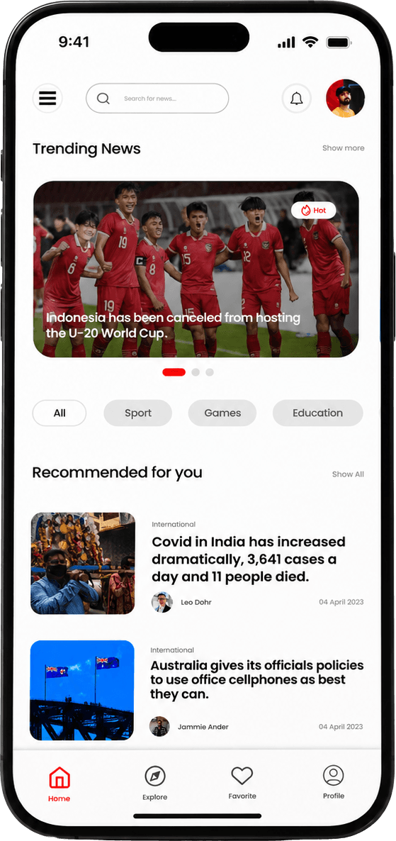 Pressly news discovery home screen with trending and recommended stories.