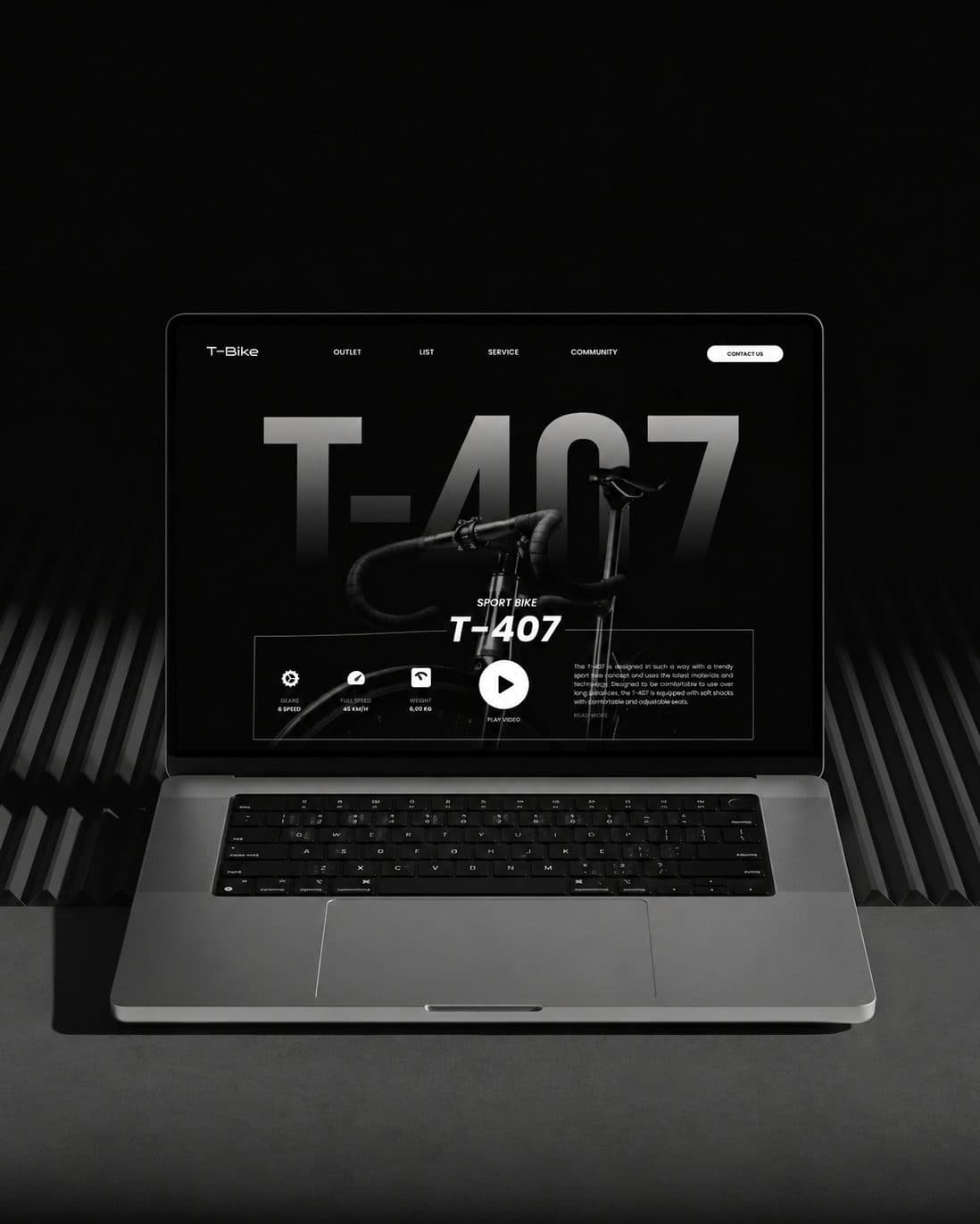 T-Bike cover: the T-407 product page open on a laptop in a dark studio.